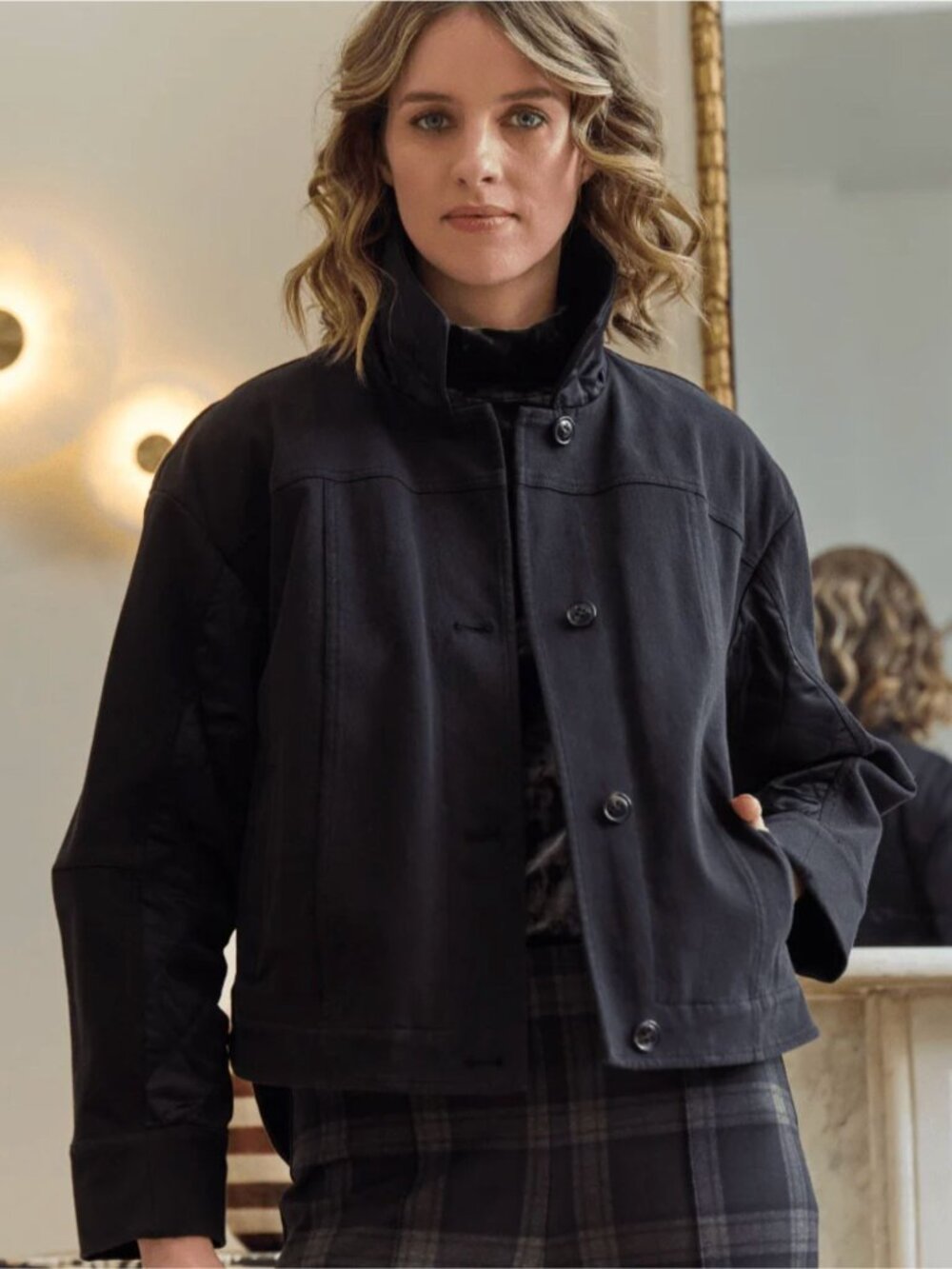 NWT Lysse Pierce Mix Media Quilted Black Soft Knit Denim Jacket S M L XL
